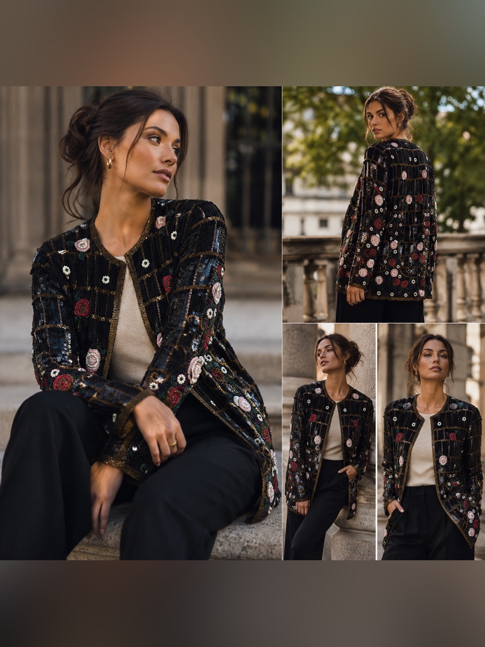 VINTAGE Heavy Sequin Beaded Jacket Black Floral Grid Open Front US Size S-M